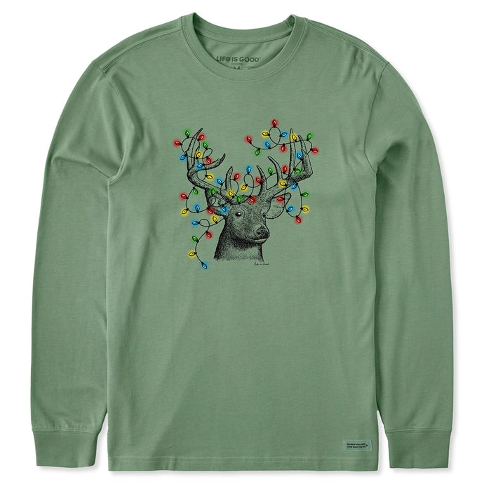 Life Is Good Buck Head Xmas Lights Long Sleeve Tee – sage green men’s shirt with deer wrapped in colorful Christmas lights.