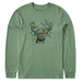 Life Is Good Buck Head Xmas Lights Long Sleeve Tee – sage green men’s shirt with deer wrapped in colorful Christmas lights.