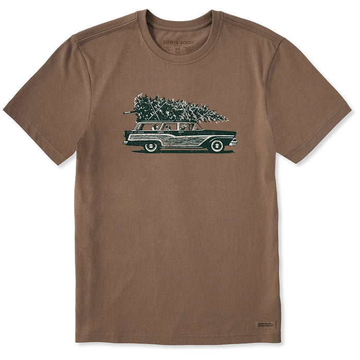 Life Is Good Christmas Tree Wagon Tee – brown men’s short sleeve shirt with vintage car carrying Christmas tree design.
