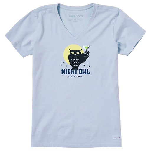Close-up of Life Is Good Night Owl design featuring black owl with martini glass and full moon background.