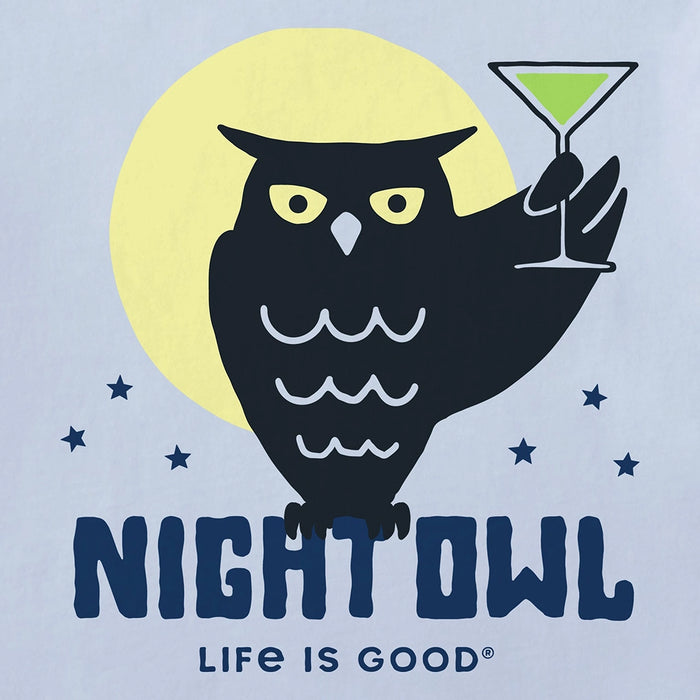 Life Is Good Crafty Night Owl V-Neck Tee – light blue women’s shirt with owl holding martini under moon.
