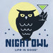 Life Is Good Crafty Night Owl V-Neck Tee – light blue women’s shirt with owl holding martini under moon.