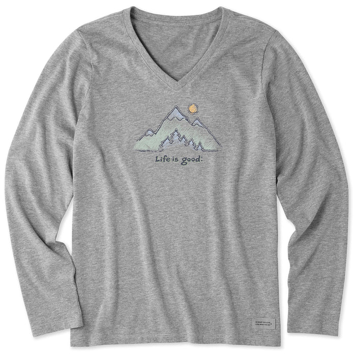 Life Is Good Green Mountains Crusher-LITE Long Sleeve V-Neck Tee – heather gray women’s shirt with mountain and pine tree design.