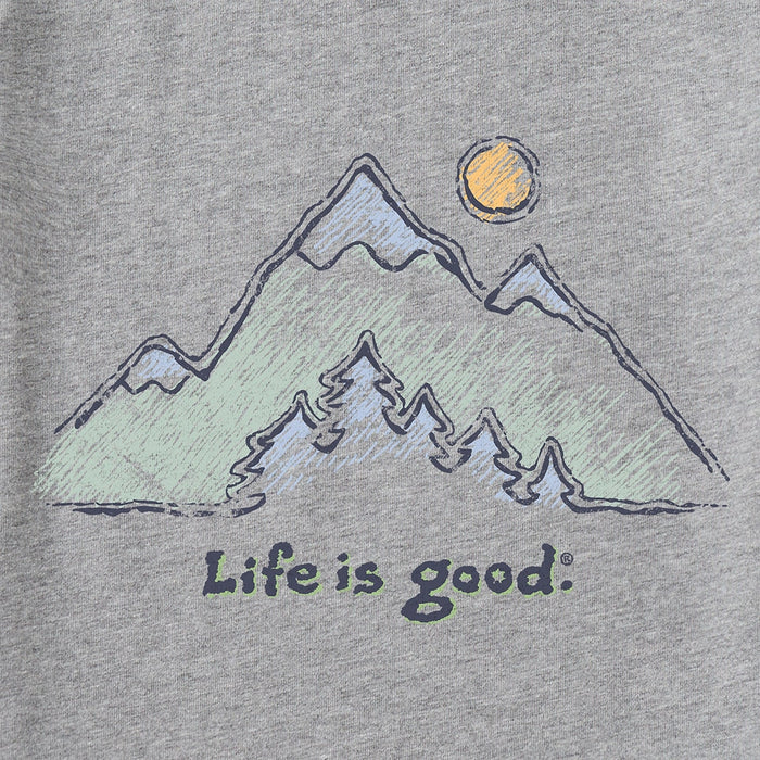 Close-up of Life Is Good Green Mountains graphic with hand-drawn mountains, trees, and sun.