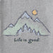 Close-up of Life Is Good Green Mountains graphic with hand-drawn mountains, trees, and sun.