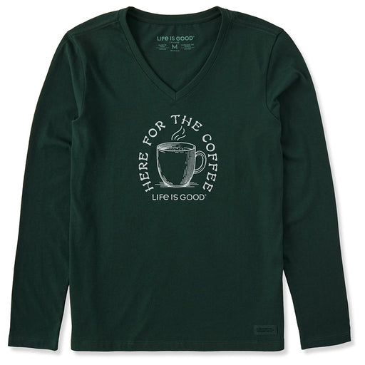 Life Is Good Here for the Coffee Long Sleeve V-Neck Tee – dark green women’s shirt with coffee mug graphic.