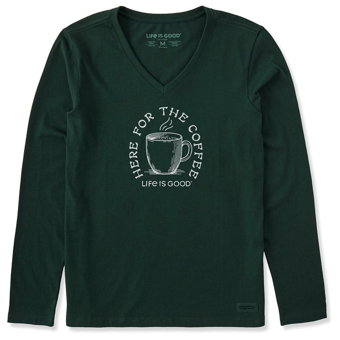 Life Is Good Here for the Coffee Long Sleeve V-Neck Tee – dark green women’s shirt with coffee mug graphic.
