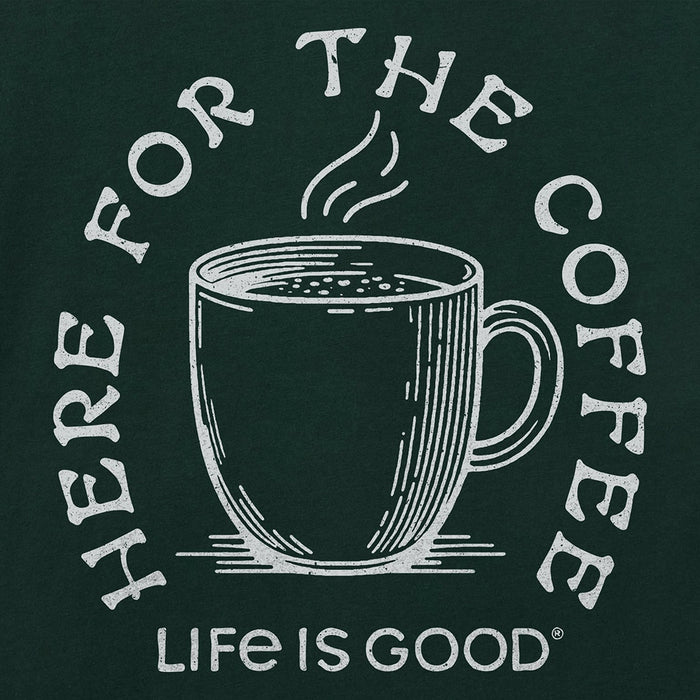 Close-up of Life Is Good Here for the Coffee graphic featuring steaming mug and white text.