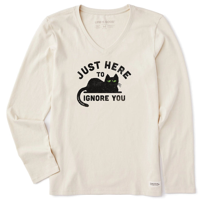 Life Is Good Here to Ignore You Long Sleeve V-Neck Tee – cream women’s shirt with black cat and funny text.