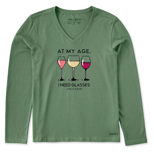 Life Is Good I Need Glasses Long Sleeve V-Neck Tee – green women’s shirt with three wine glasses and funny text.