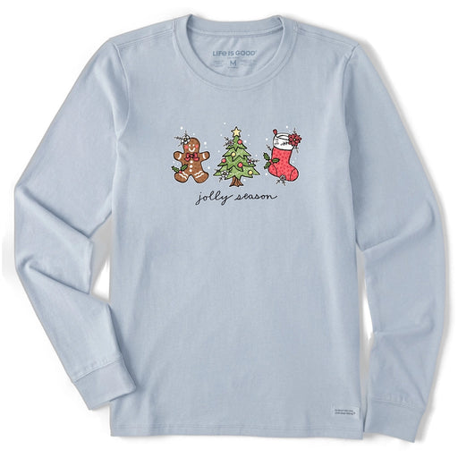 Life Is Good Jolly Season Long Sleeve Tee – light blue women’s shirt with gingerbread man, Christmas tree, and stocking graphic and ‘jolly season’ text.