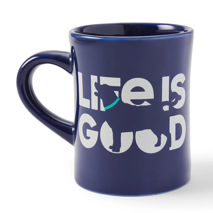 Life Is Good Lab Diner Mug – navy blue ceramic coffee cup with white logo and black Labrador dog graphic with teal collar, 18 oz capacity