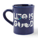 Life Is Good Lab Diner Mug – navy blue ceramic coffee cup with white logo and black Labrador dog graphic with teal collar, 18 oz capacity