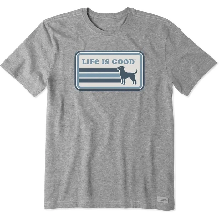 Life Is Good Lab Stripes Tee – heather gray men’s short sleeve shirt with blue stripes and Labrador dog graphic.