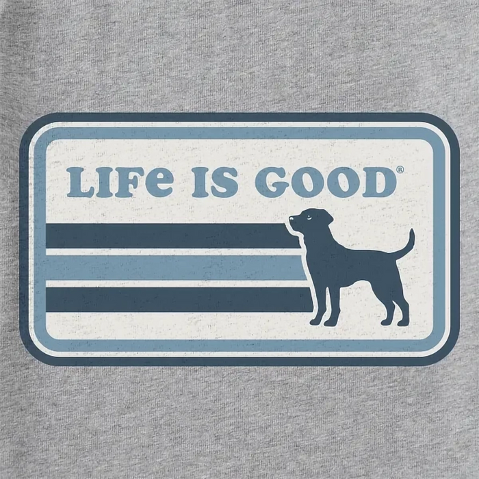 Close-up of Life Is Good Lab Stripes Tee graphic featuring Labrador silhouette and retro blue stripe design.