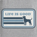 Close-up of Life Is Good Lab Stripes Tee graphic featuring Labrador silhouette and retro blue stripe design.
