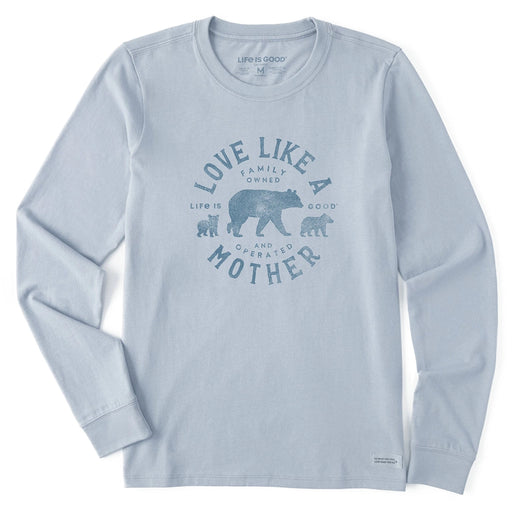 Life Is Good Love Like a Mother Long Sleeve Tee – light blue shirt with bear family and heartwarming text.