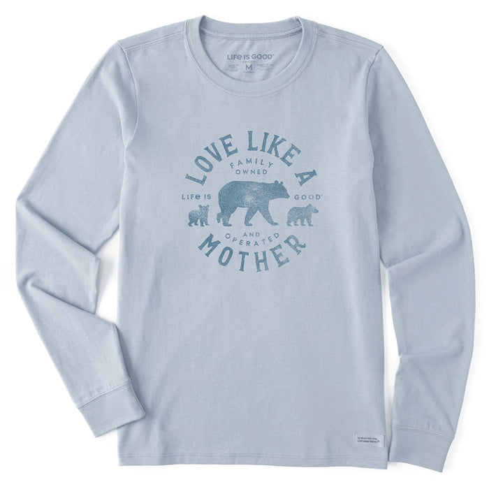 Life Is Good Love Like a Mother Long Sleeve Tee – light blue shirt with bear family and heartwarming text.