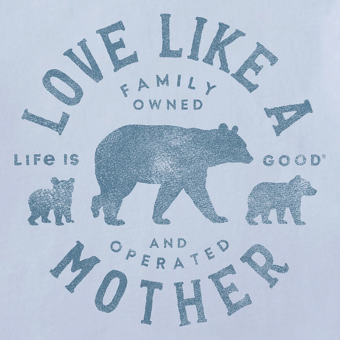 Close-up of Life Is Good Love Like a Mother design with mother bear and cubs graphic.