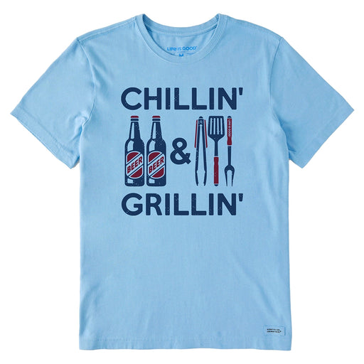Life is Good Men's Chillin' & Grillin' Crusher Tee – light blue BBQ graphic t-shirt with beer bottles and grilling utensils