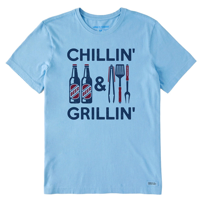 Life is Good Men's Chillin' & Grillin' Crusher Tee – light blue BBQ graphic t-shirt with beer bottles and grilling utensils