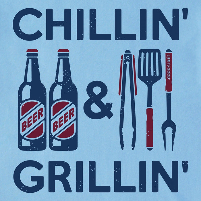 Close-up of Chillin' & Grillin' Crusher Tee – Life is Good men's BBQ shirt with beer and grilling tool design in blue and red