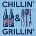 Close-up of Chillin' & Grillin' Crusher Tee – Life is Good men's BBQ shirt with beer and grilling tool design in blue and red