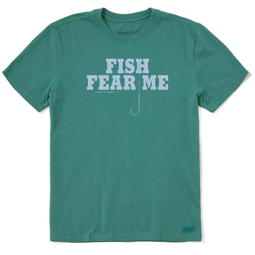 Life is Good Men's Fish Fear Me Crusher Tee – green fishing graphic t-shirt for men, short sleeve cotton casual wear