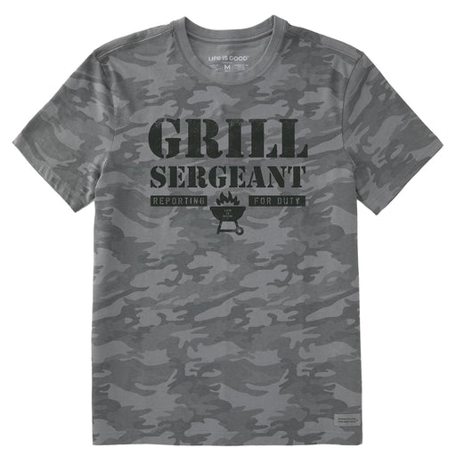 Life is Good Men's Grill Sergeant Crusher Tee – grey camo BBQ graphic t-shirt with Grill Sergeant slogan and flaming grill design