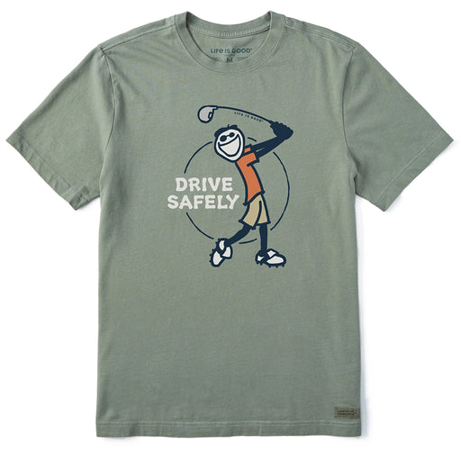 Life is Good Men's Jake Golf Drive Safely Crusher Tee – sage green golf graphic t-shirt with Drive Safely slogan and golfer design