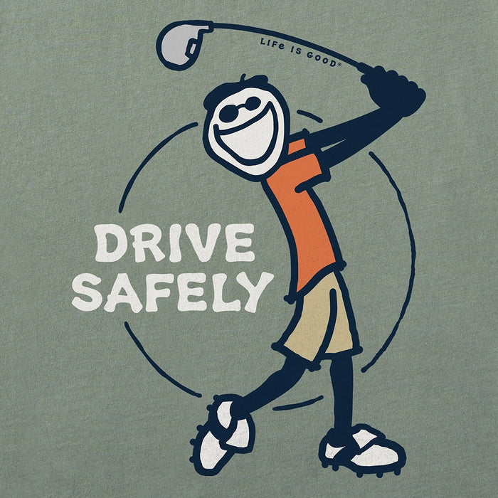 Close-up of Jake Golf Drive Safely Crusher Tee – Life is Good men's sage green shirt with golfer swinging club illustration