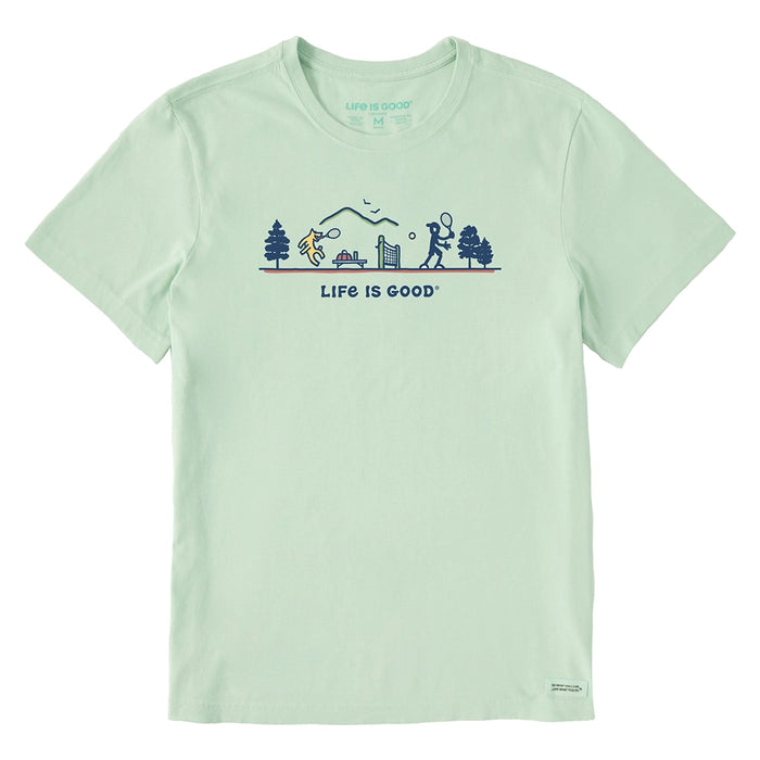 Life is Good Men's Jake Rocket Tennis Crusher Tee – light mint green sports graphic t-shirt with outdoor tennis scene