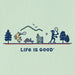 Close-up of Life is Good Jake Rocket Tennis graphic – men's mint green tee with dog and person tennis match illustration