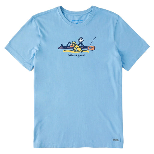 Life is Good Men's Jake and Rocket Beach Day Crusher Tee – light blue summer t-shirt with dog and man relaxing on beach graphic