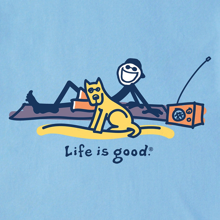 Close-up of Jake and Rocket Beach Day design – Life is Good men's light blue tee with dog, man, and radio at the beach illustration