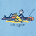 Close-up of Jake and Rocket Beach Day design – Life is Good men's light blue tee with dog, man, and radio at the beach illustration