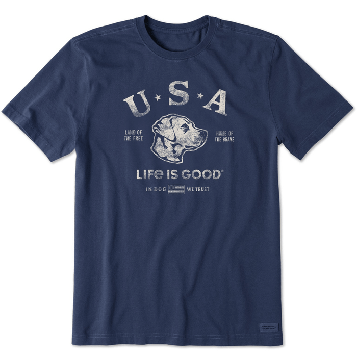 “Life Is Good Men's Manifesto Land of the Free Dog Crusher T-Shirt in navy blue with distressed USA patriotic dog graphic.”