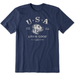 “Life Is Good Men's Manifesto Land of the Free Dog Crusher T-Shirt in navy blue with distressed USA patriotic dog graphic.”