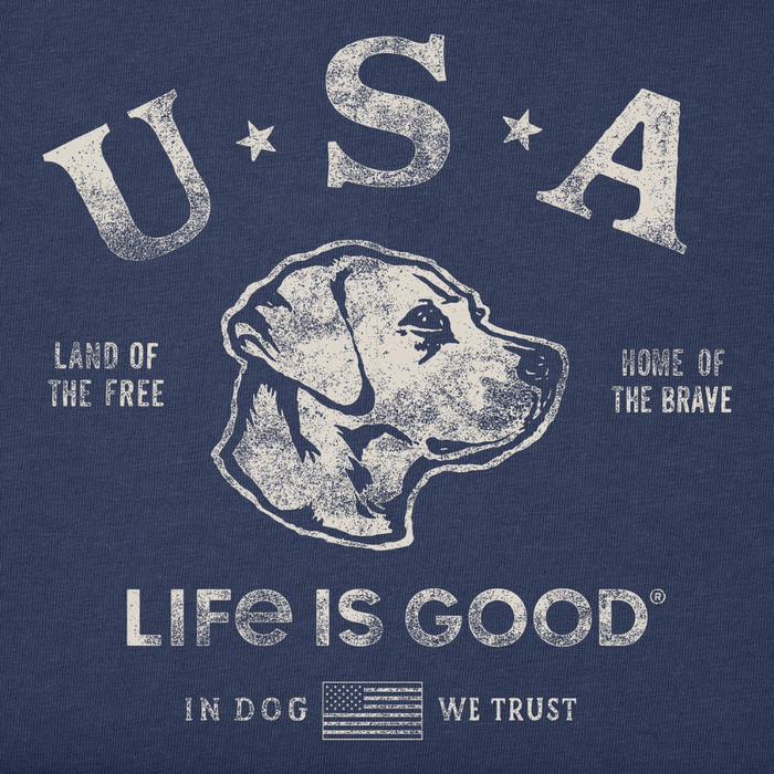 “Life Is Good Men's Land of the Free Dog Crusher Tee with patriotic labrador graphic and In Dog We Trust USA design.”
