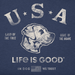 “Life Is Good Men's Land of the Free Dog Crusher Tee with patriotic labrador graphic and In Dog We Trust USA design.”