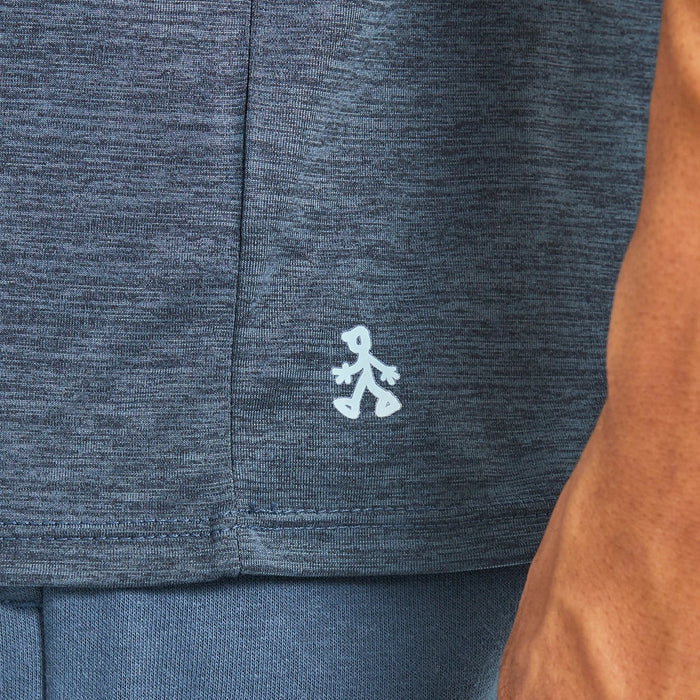 small walking figure logo printed near hem of navy blue Life Is Good men's cotton tee.