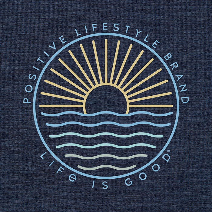 navy blue cotton t-shirt with sunrise and ocean waves design, text reading “Positive Lifestyle Brand Life Is Good.