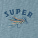 Close-up of Super Fly Slim Fit Tee – Life is Good men's light blue shirt with colorful fly fishing lure illustration and SUPER text