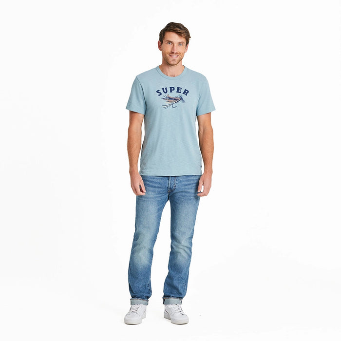 Life is Good Men's Super Fly Slim Fit Tee – light blue fishing graphic shirt shown in full outfit with jeans and sneakers