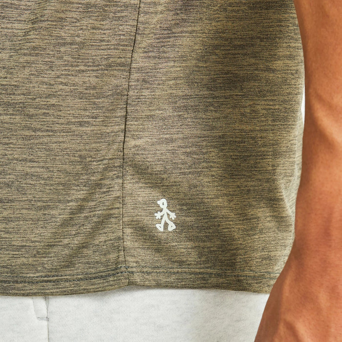 Close-up hem detail with Life is Good walking figure on Men's Tribal Compass Crusher Tee