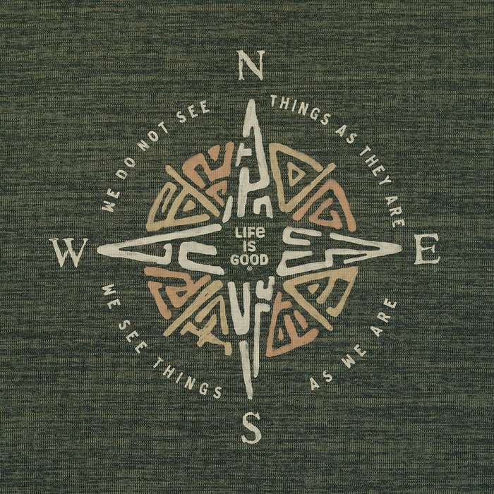 Close-up of Jake and Rocket Beach Day graphic on Life is Good Men's blue tee