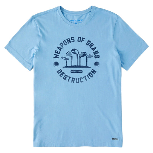 Life is Good Men's Weapons of Grass Destruction Crusher Tee – light blue funny golf graphic t-shirt with clubs and balls