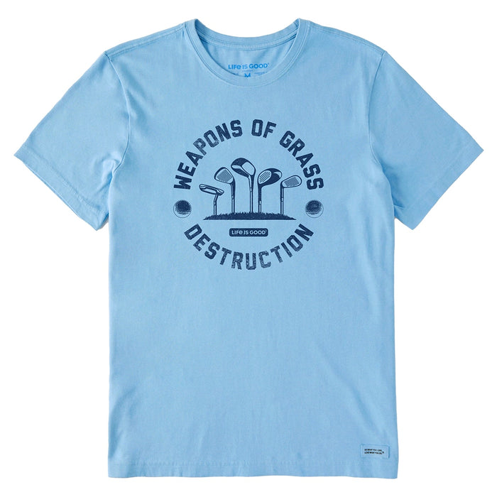 Life is Good Men's Weapons of Grass Destruction Crusher Tee – light blue funny golf graphic t-shirt with clubs and balls