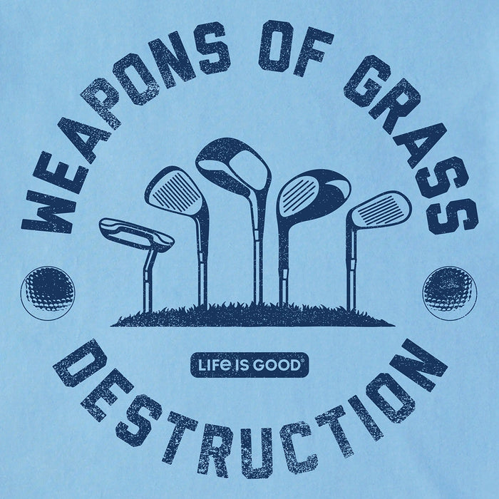 Close-up of Weapons of Grass Destruction golf design – Life is Good men's light blue tee with humorous golf club and ball graphic