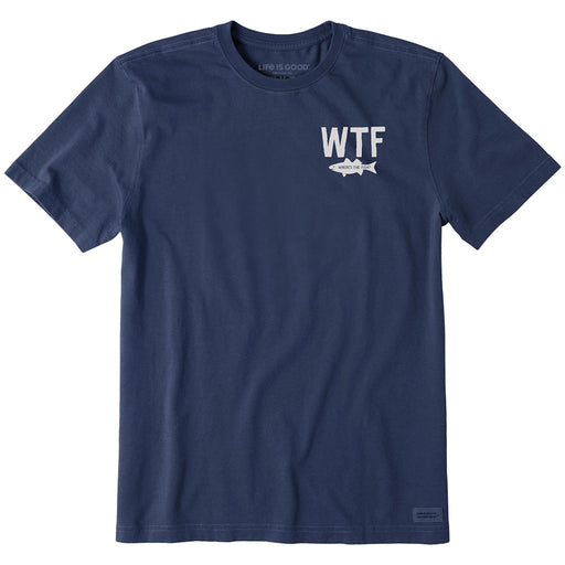 Life is Good Men's Where's the Fish LITE Tee – navy blue lightweight fishing graphic t-shirt with WTF slogan and fish design